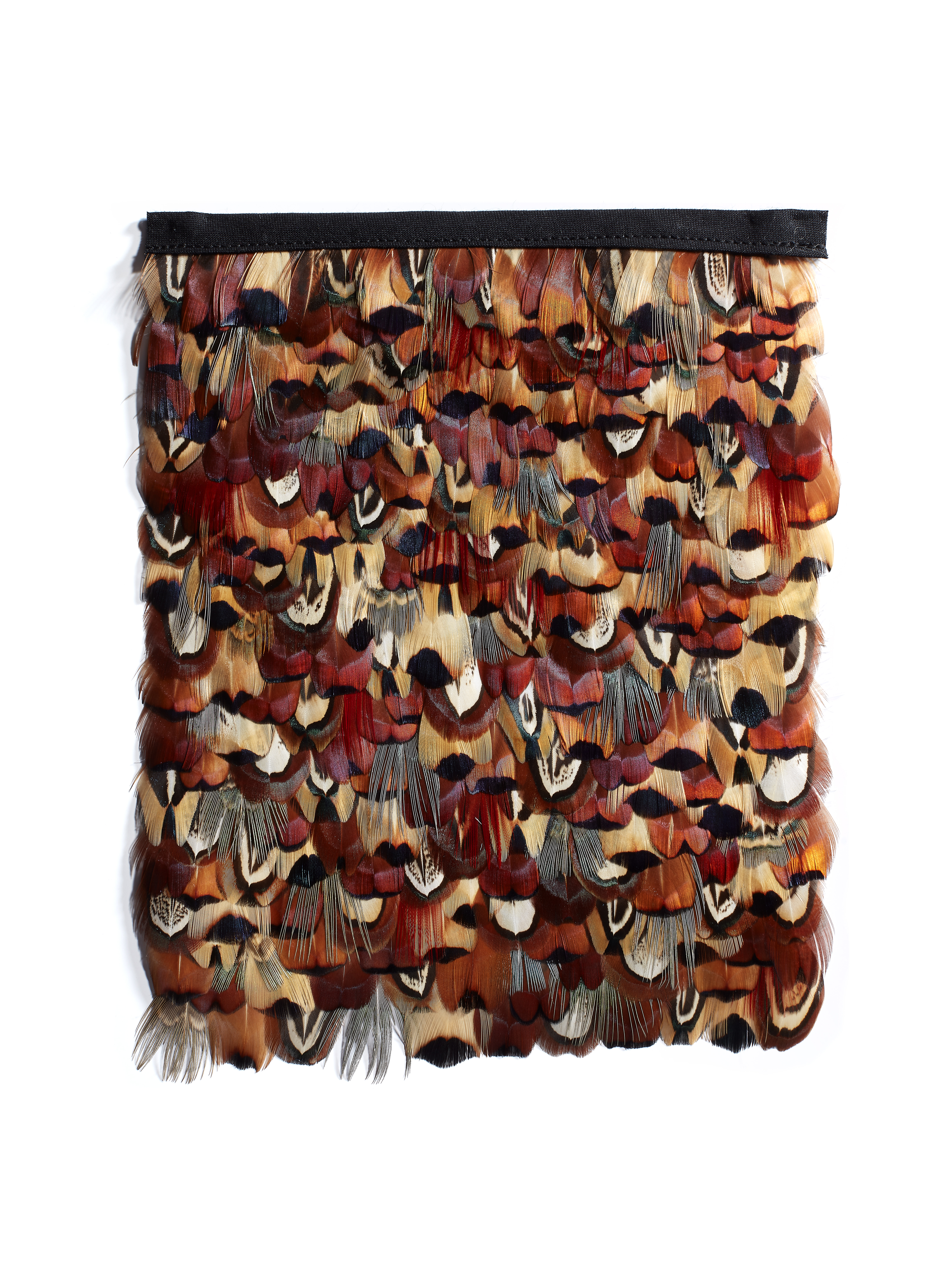 Echantillon plumasserie, Almond. Couleur : jaune, noir, rouge, marron Catégorie : animal