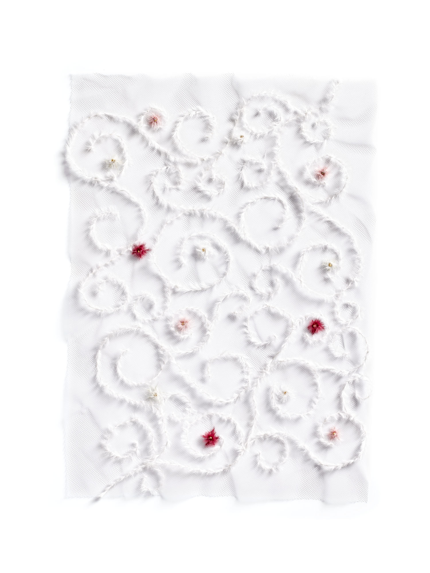 Echantillon plumasserie, White garden. Couleur : blanc, rouge Catégorie : Embroidery