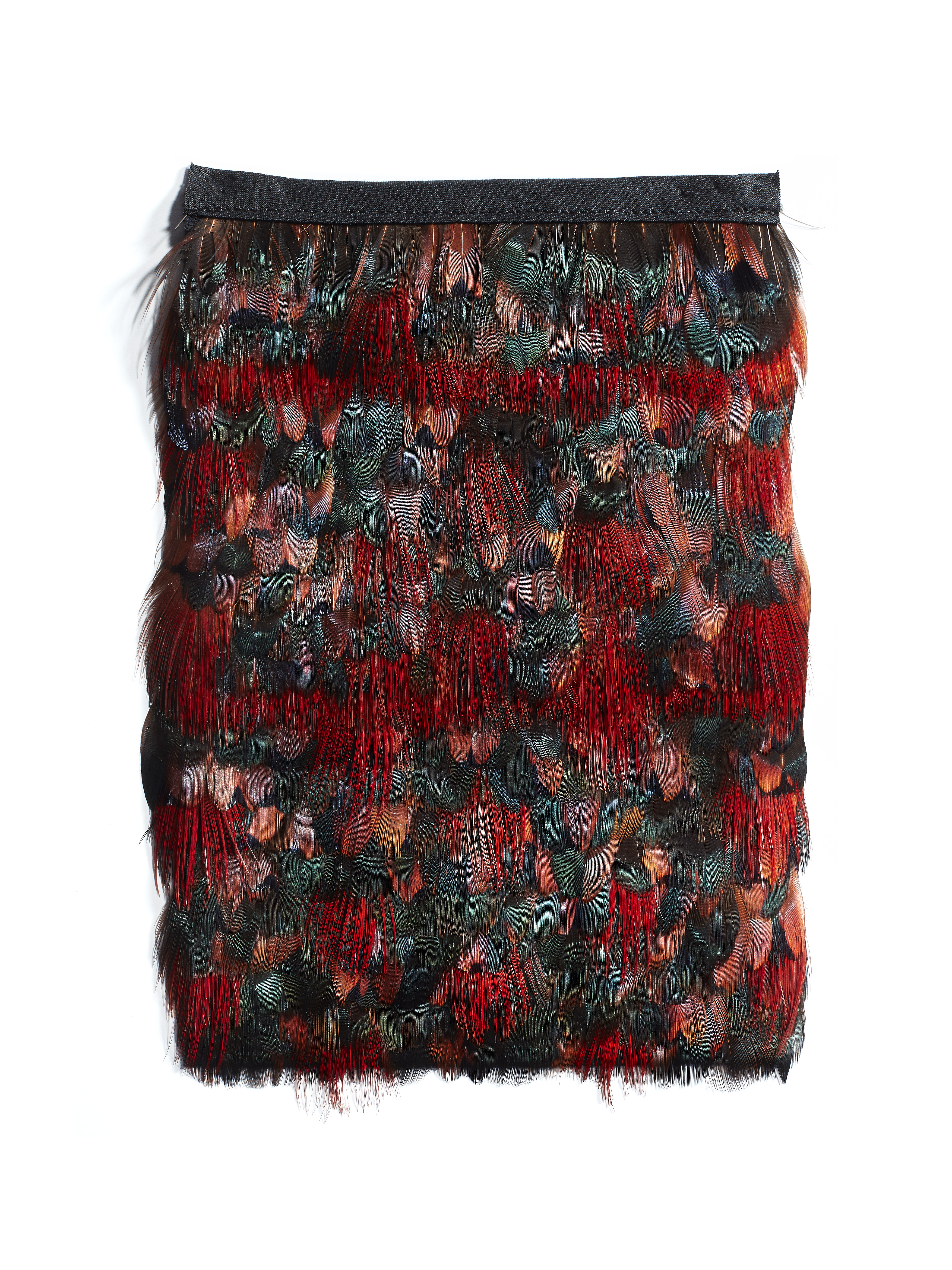 Echantillon plumasserie, Green sunset. Couleur : rouge, vert, orange Catégorie : Multicolor