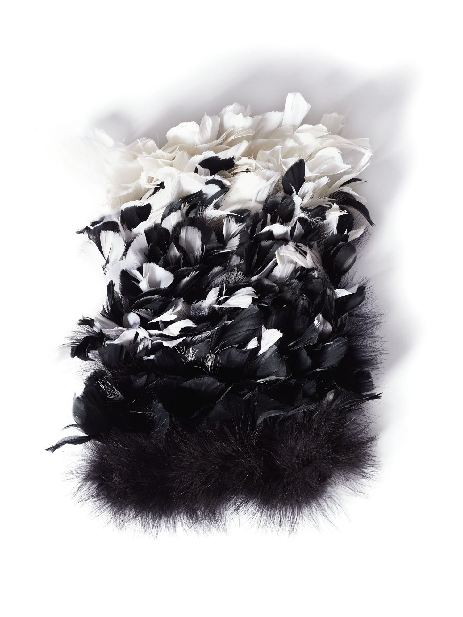 Echantillon plumasserie, Peony. Couleur : blanc, noir Catégorie : Végétal